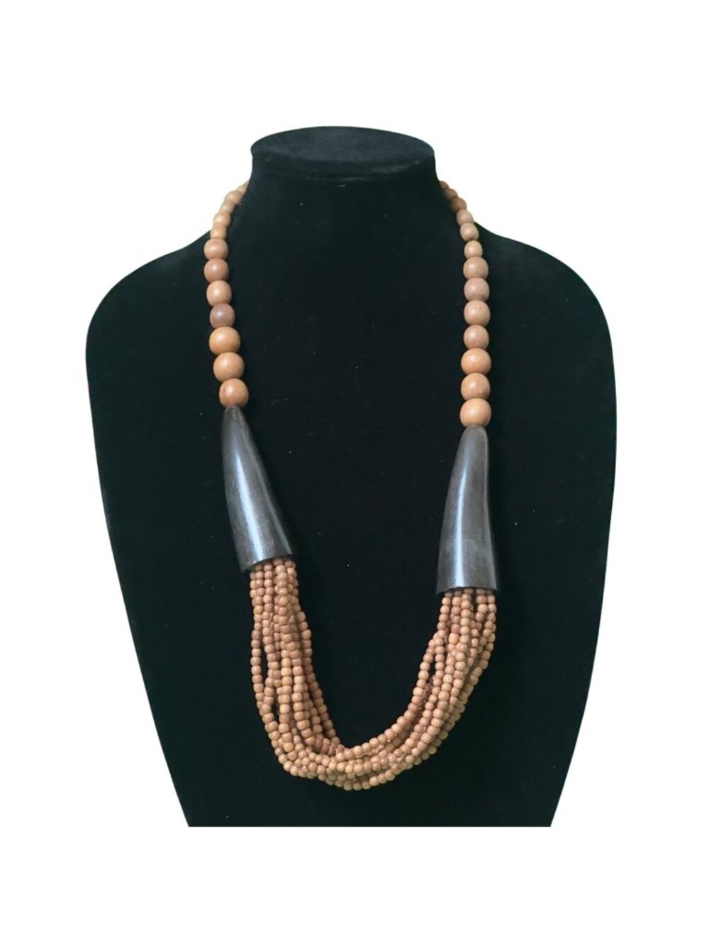 Multistrand Wooden Beaded Necklace With Black Horn-Like Accents & Hook Closure